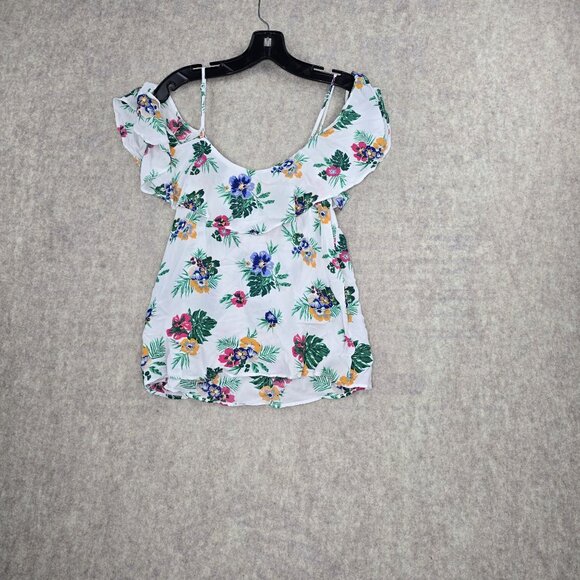 Old Navy Floral Print Womens Ruffle Off Shoulder Blouse Medium White Viscose - Picture 2 of 6